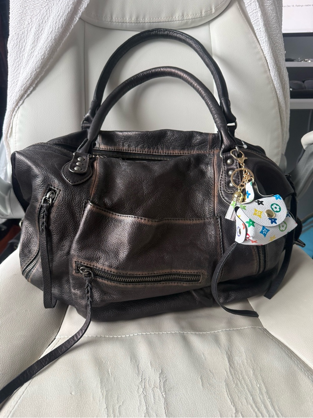 Free People Emerson Leather Tote Bag Dark Brown NWOT + Charm
